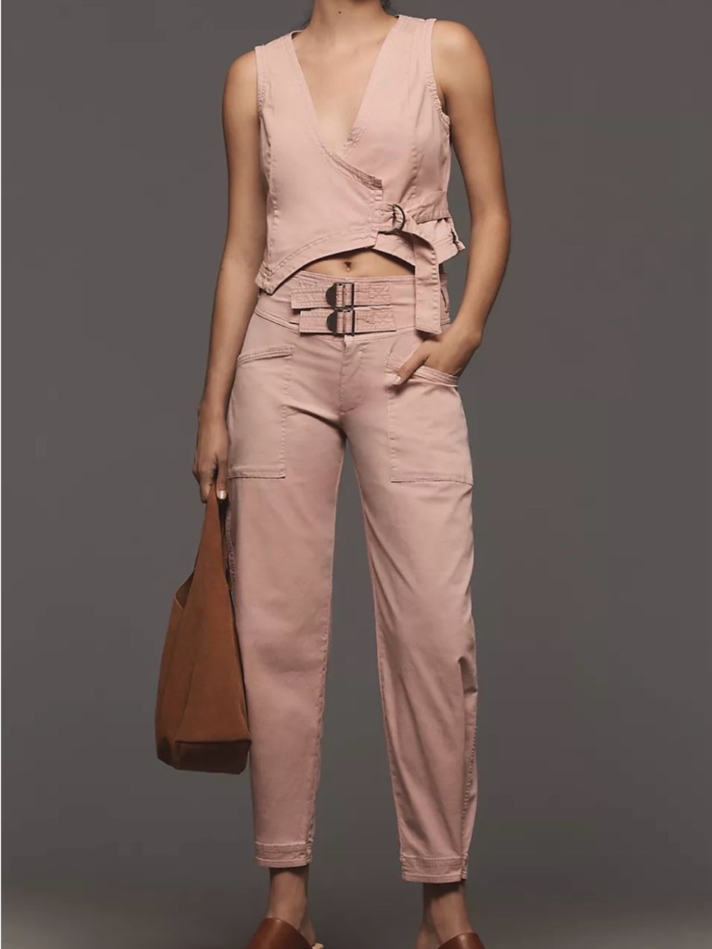 Anthropologie Dusty Pink linen cropped Vest and Pant set